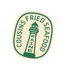 Cousins Fried Seafood Maine logo with a lighthouse design on a white background