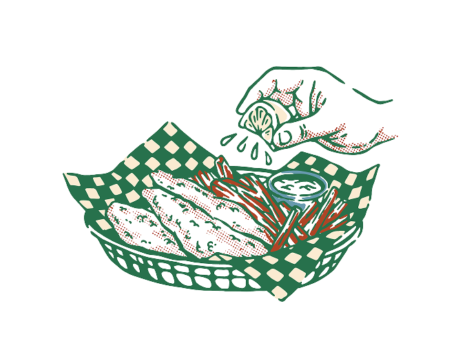 Illustration of a hand sprinkling herbs over a dish on a checkered tablecloth.