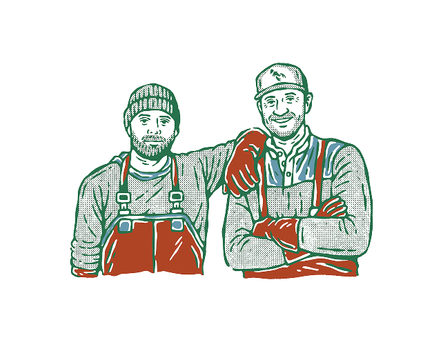 Illustration of two men in work attire with suspenders on a white background