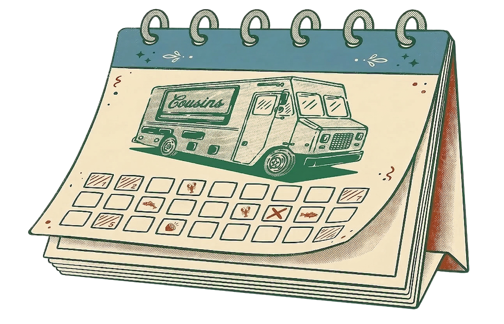 Calendar with a food truck illustration on a white background