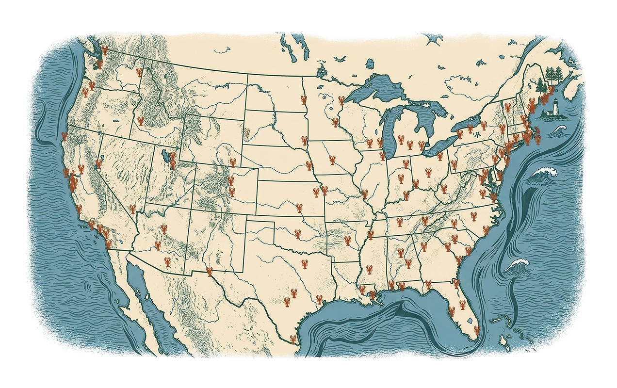 Illustrated U.S. map showing Cousins Fried Seafood and Cousins Maine Lobster locations across the country