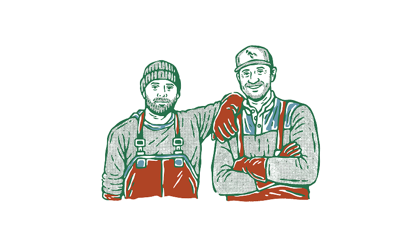 Two men in overalls and hats standing together on a white background