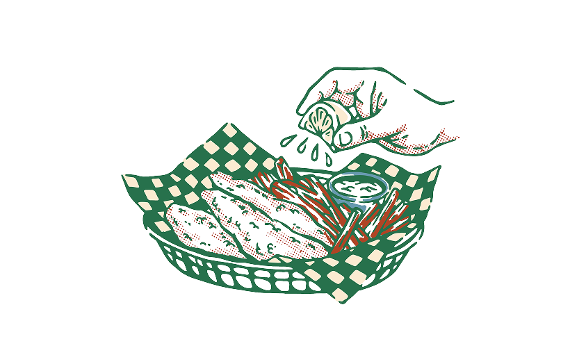Illustration of a basket with fish and chips, a hand adding sauce, on a white background.
