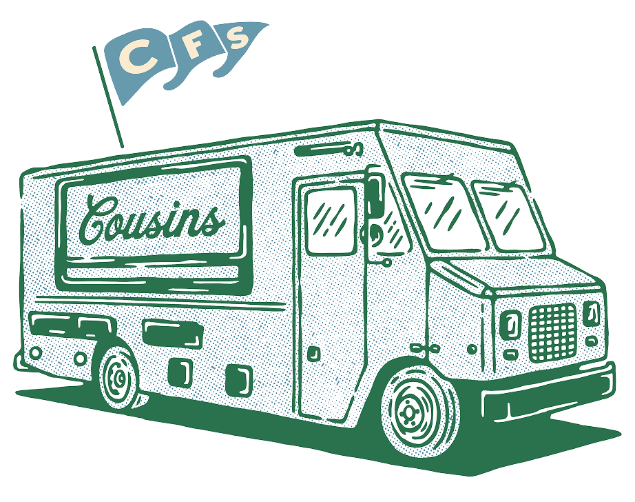 Illustration of a food truck with 'Cousins' branding and a flag on a white background