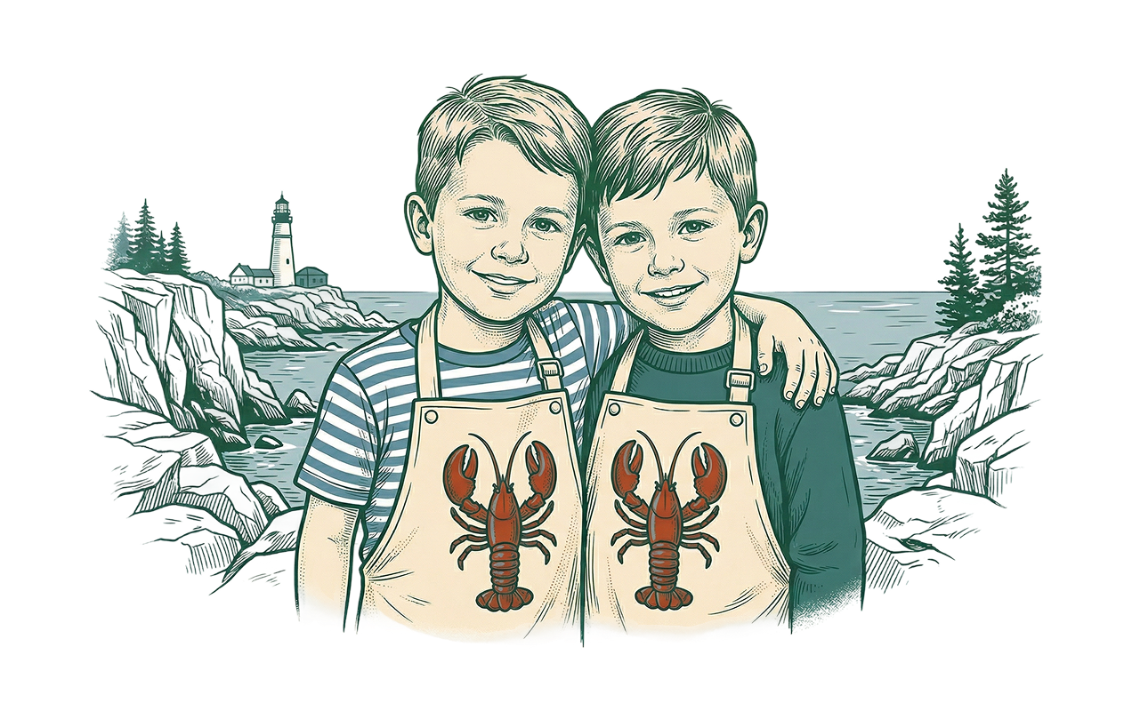 Illustration of two boys wearing aprons with lobster designs, standing in front of a lighthouse and ocean.