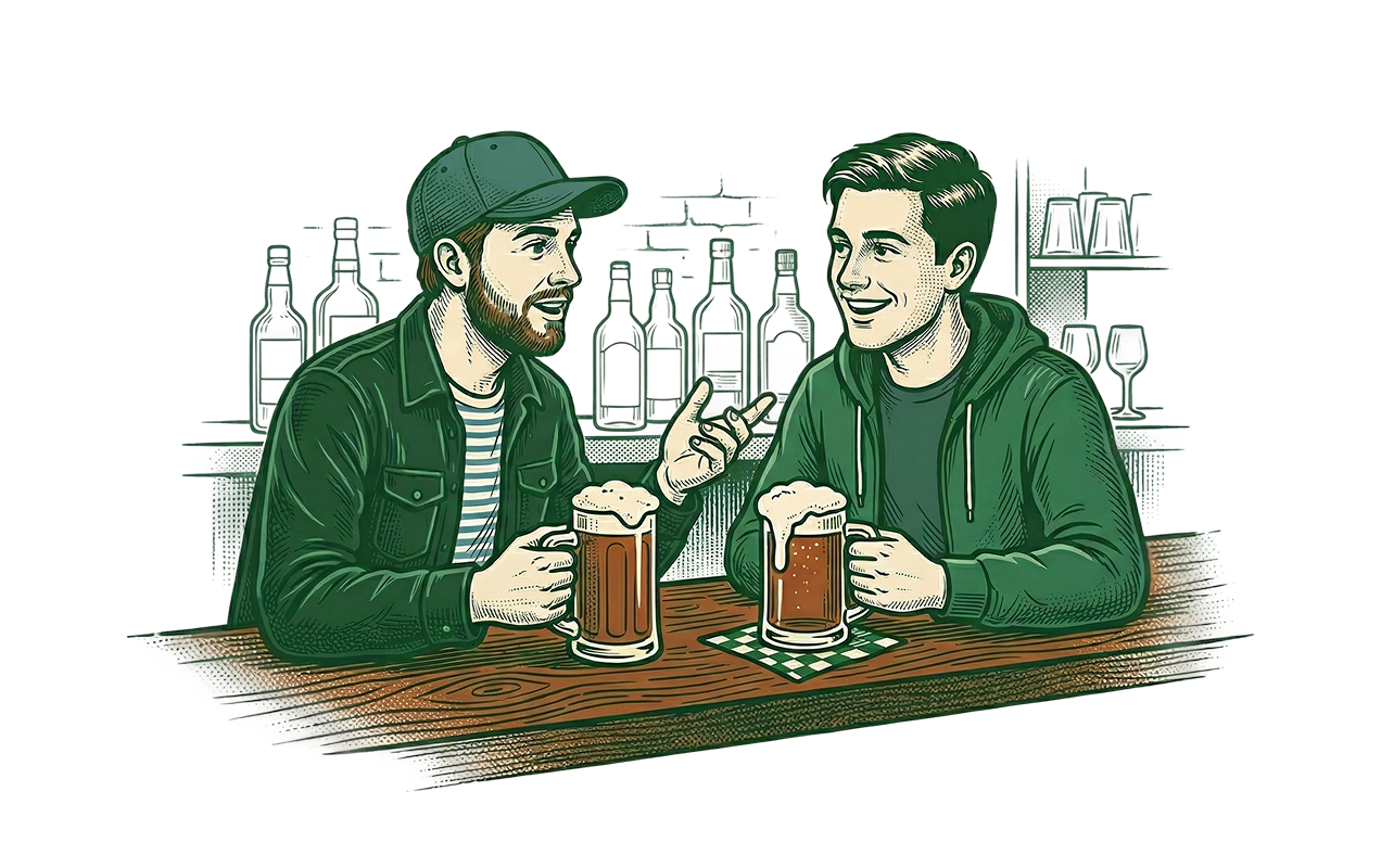 Illustration of two men sitting at a bar, clinking beer glasses.
