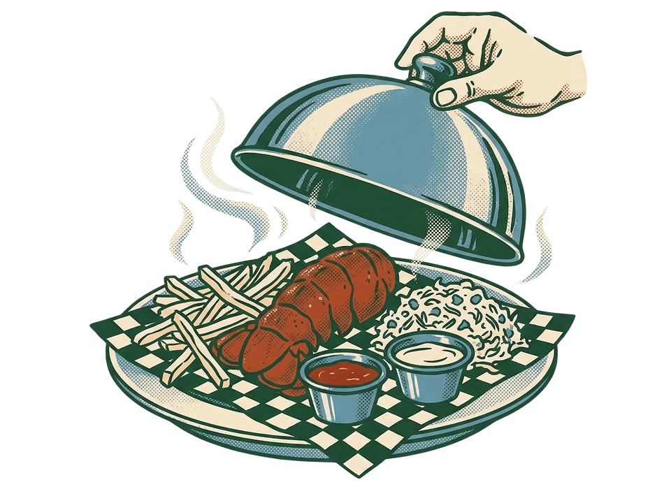 Illustration of a platter with meat, fries, and sauces under a cloche.
