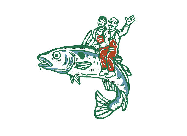 Illustration of two people riding a fish on a white background