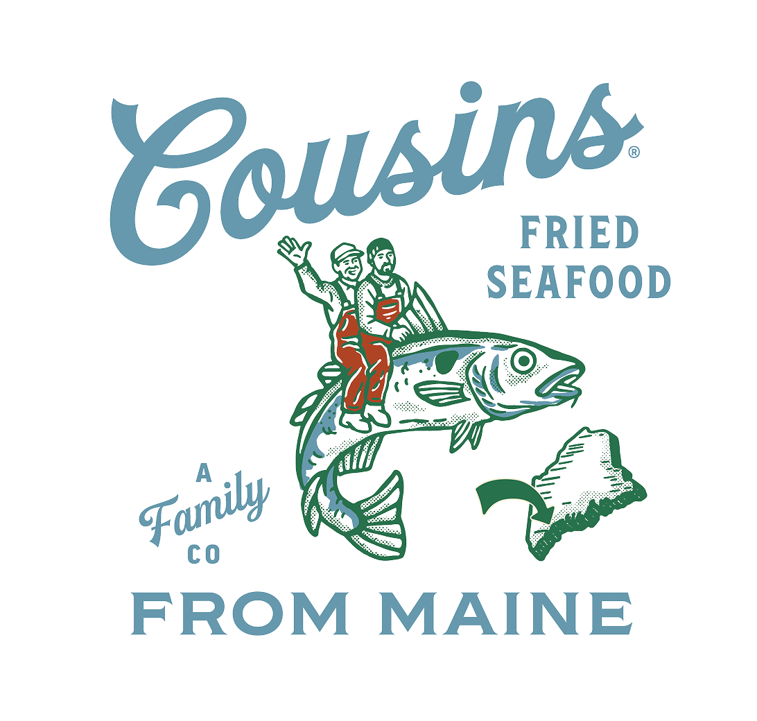 Cousins Fried Seafood logo with two people on a fish, set against a white background.