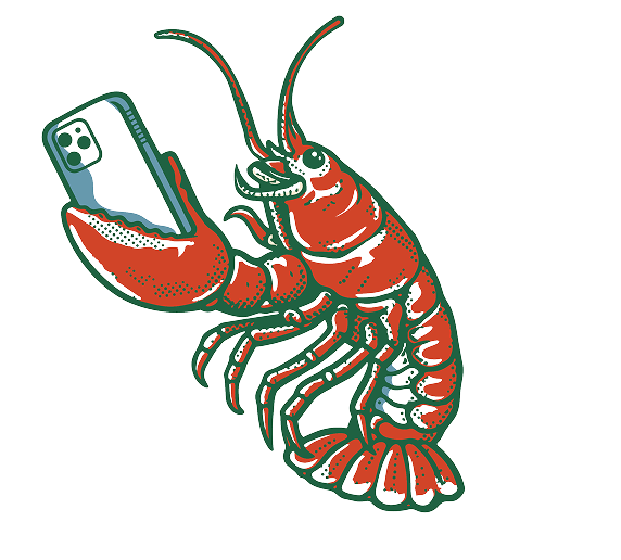 Illustration of a lobster holding a smartphone on a white background