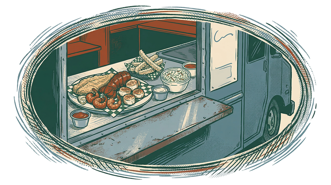Illustration of a food truck with various food items on a white background