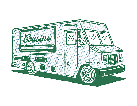Green food truck with 'Cousins' branding on a white background