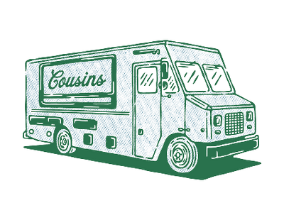 Green food truck with 'Cousins' branding on a white background
