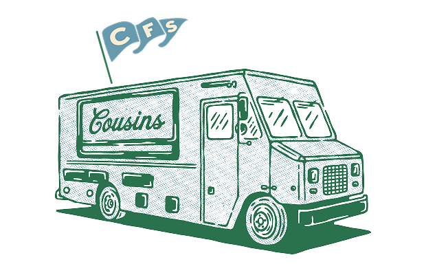 Illustration of a food truck with 'Cousins' branding on a white background